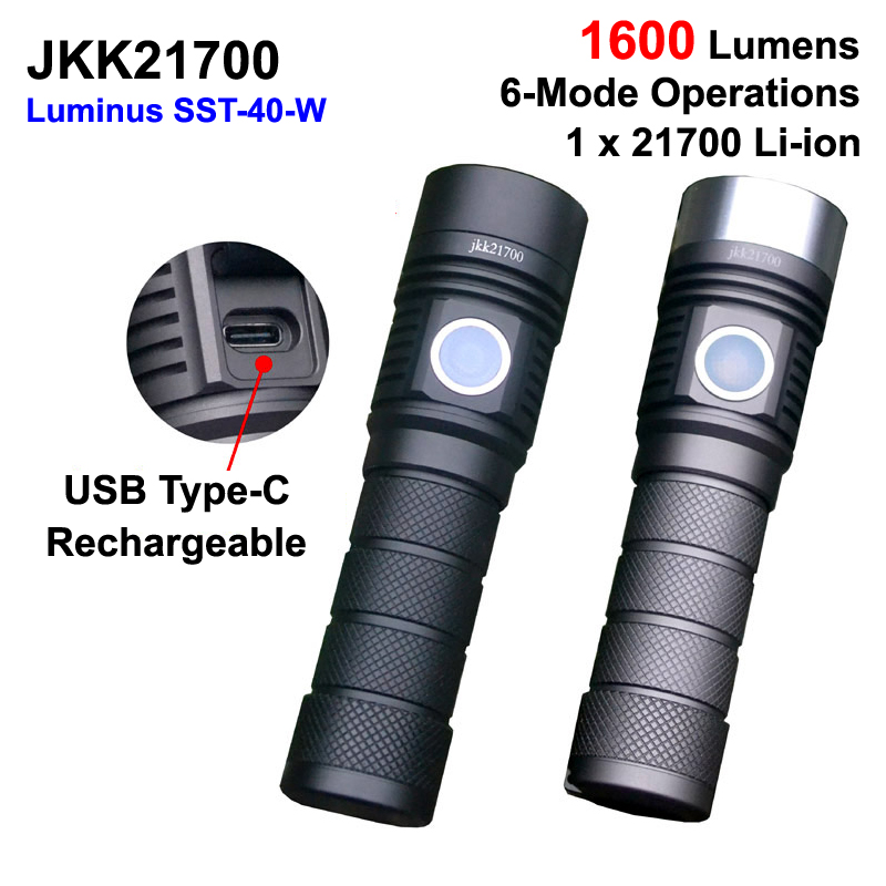 최신 JKK21700 Luminus SST-40 화이트 6500K 1600 루멘 6 모드 유형-C 충전식 LED 손전등 (1X21700)